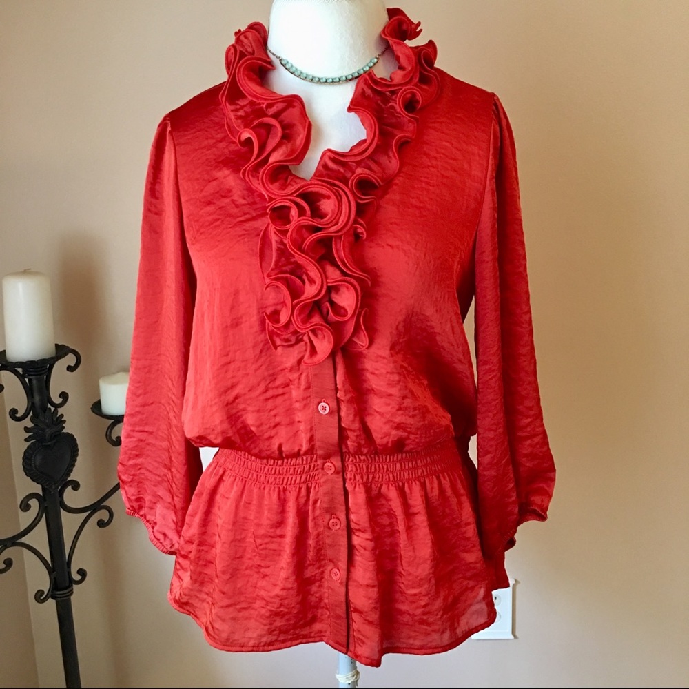I.N. Studio Burnt Orange Ruffle Collar Blouse